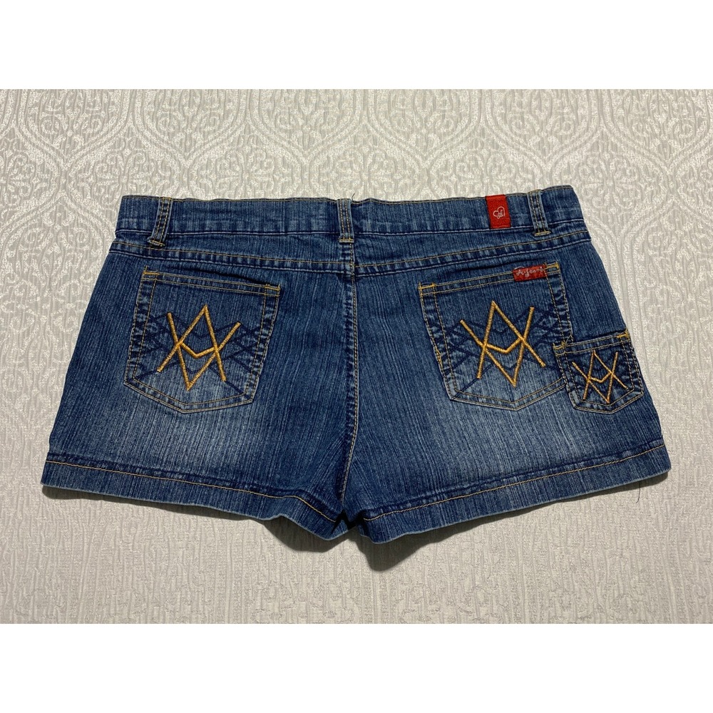 A Jeans Denim Shorts Juniors Size 13 Embellished Pockets Dark Wash Heart Button